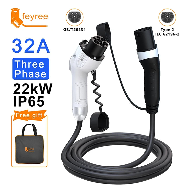 feyree EV Charging Cable Type2 Male Plug to GB/T Socket Car side 16A 3.5kW 32A 7kW 1Phase 11kW 22kW 3Phase for Electric Vehicle