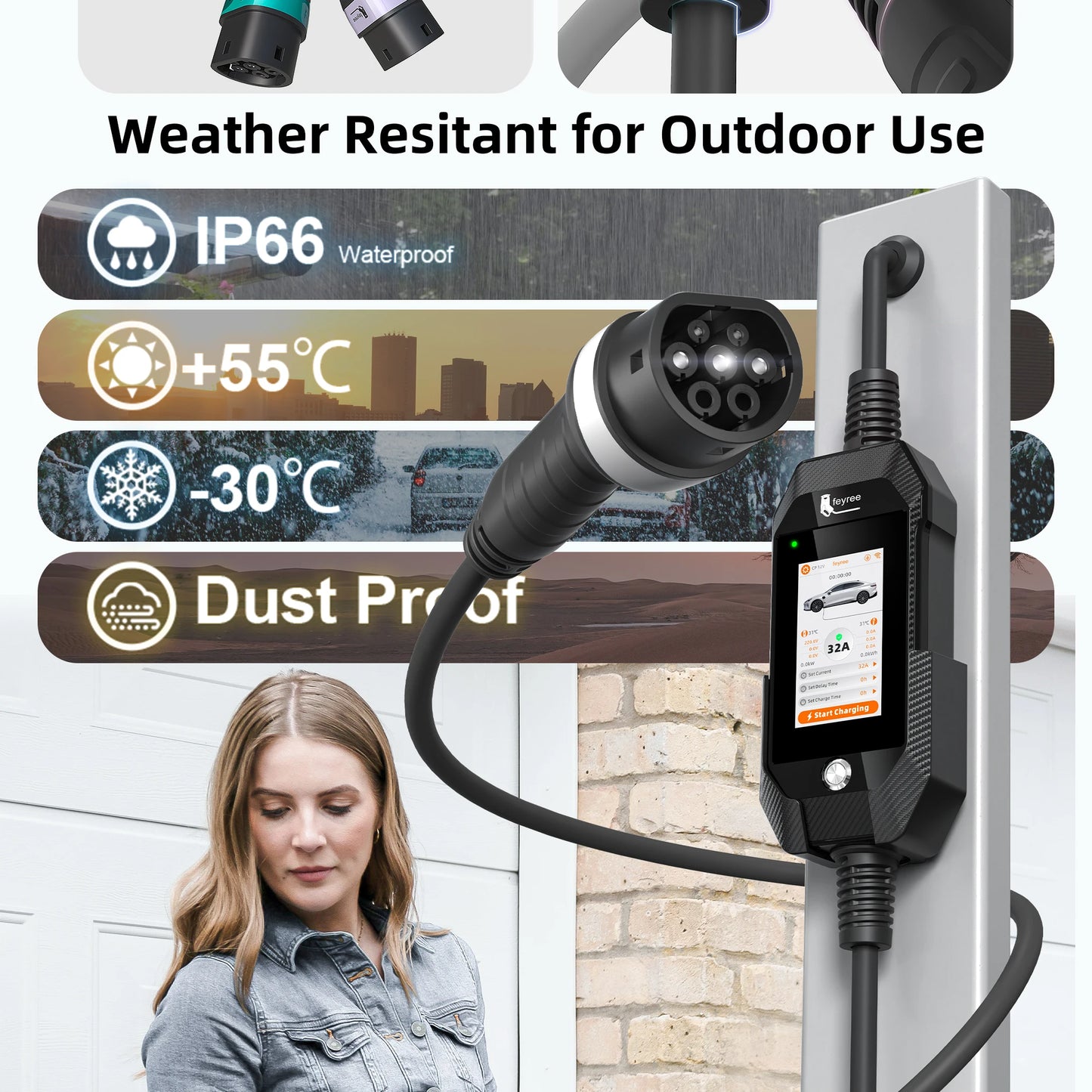 feyree 4.3 Inch Touch Screen Portable 7kW EV Charger Type2 Charging Plug with Smart Wifi APP AC Home Charger Professional Design