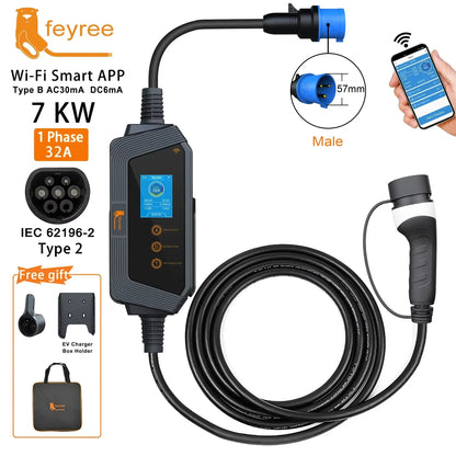 feyree Portable EV charger Type2 32A 7kW Fast Charging APP Wi-Fi Control by Setting Current & Charging time for Electric Vehicle