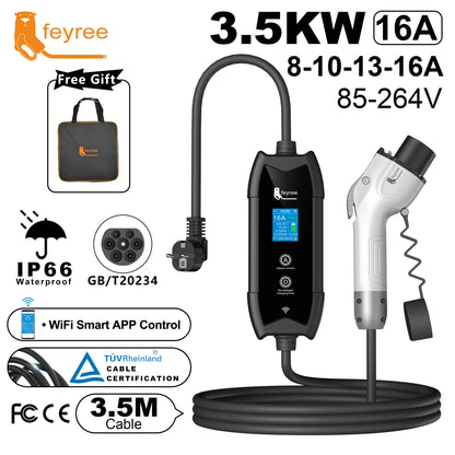feyree GB/T Portable EV Charger 3.5m Cable with WIFI APP Control 16A 3.5kW Set Charging&DelayTime for EV Cars,Plug customizable