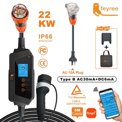 feyree 22KW 32A 3Phase Type2 EV Charger Wi-Fi APP Control EVSE Portable Charging Box with AU 5pin Plug for Electric Car Charger
