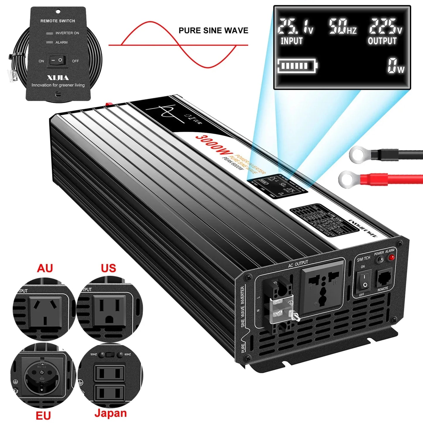 1500W 2000W 2500W 3000W pure sine wave solar power inverter 12V/24V/48V DC to 110V 220V AC LCD screen - 54Grid - Renewable Energy Store