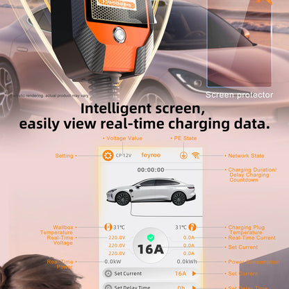 feyree 11kW 16A 3P Portable EV Charger GB/T Plug 4.3" Touchscreen & Charge History WIFI APP Ctrl Smart EVSE for Electric Vehicle