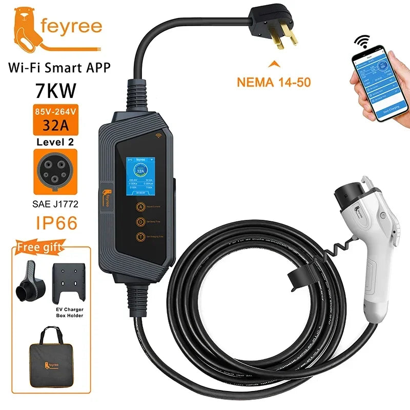 feyree Type1 Portable EV Charger 7KW 32A 1Phase J1772 Socket with 5m Cable Smart APP WIFI Control Version for Electric Vehicle by 54Grid - Renewable Energy Store