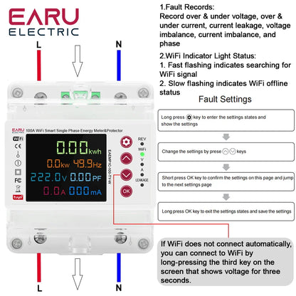 Tuya WiFi Smart Bidirectional Energy Meter Power kWh Meter Earth Leakage Over Under Voltage Protector Timer Relay Switch Current