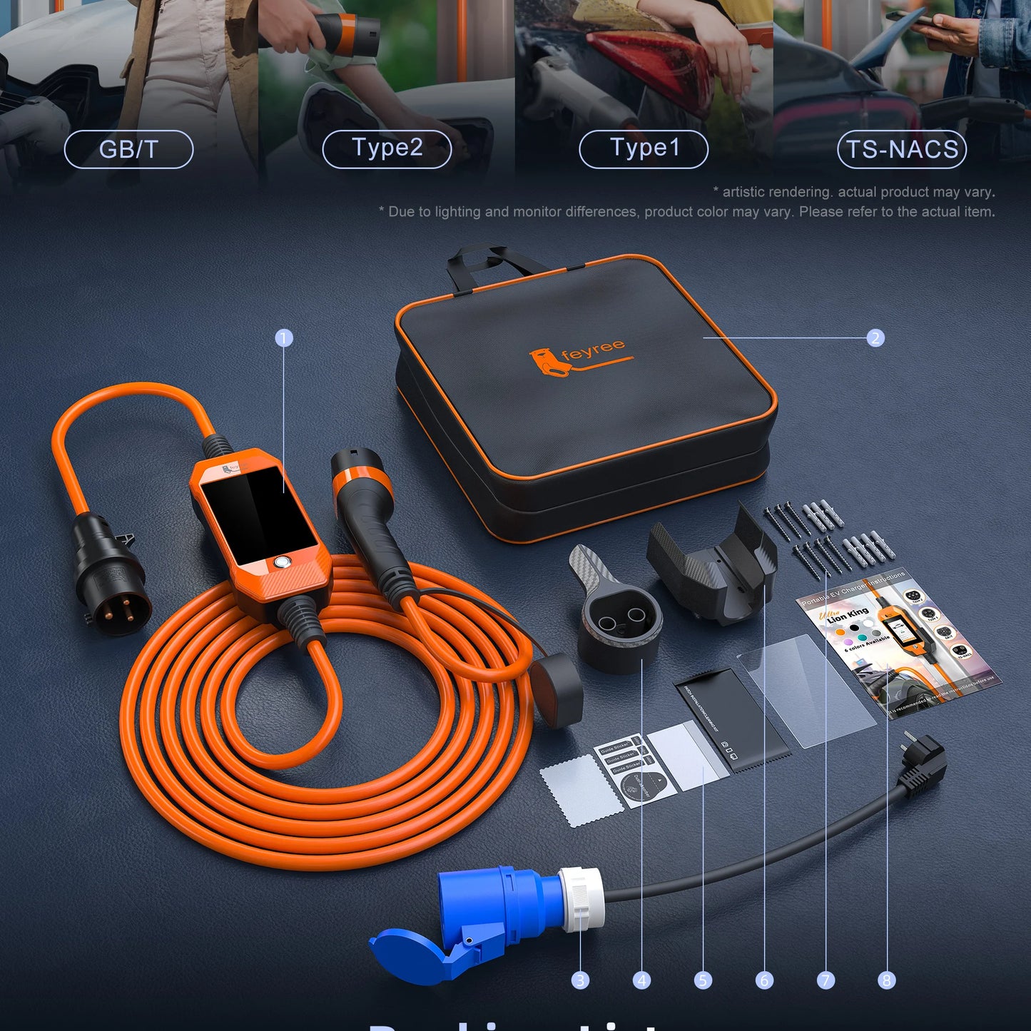 feyree Touch Screen Portable EV Charger Type2 / Type1 / GBT / TS-NACS Socket EV Charger 32A 7KW 1 Phase Smart APP Wi-Fi Control