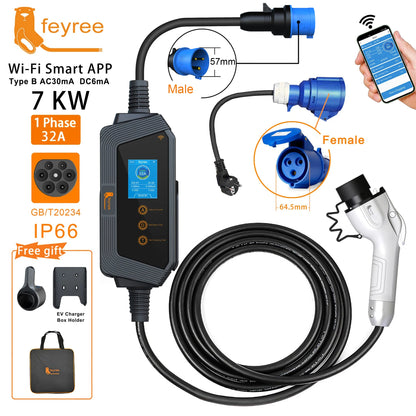 feyree 7KW 32A Adjustable EV Charger GBT Plug APP Bluetooth Version Set Charging Time EVSE Charging Box for Electric Vehicle