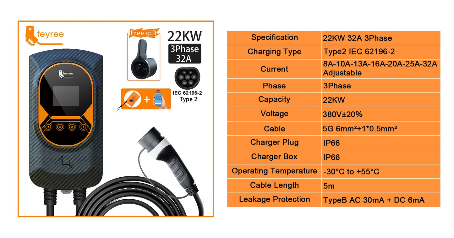 feyree EV Charging Station 32A Electric Vehicle Car Charger EVSE Wallbox Wallmount 7.6/11/22KW Type2 Cable IEC62196 APP Control
