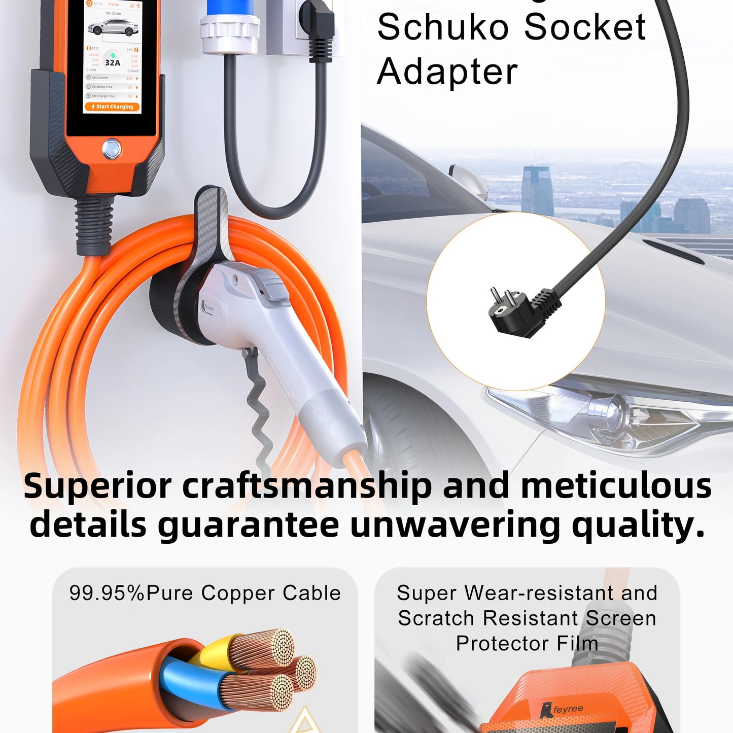 feyree Portable EV Charger 4.3" Touchscreen 7kW 32A GBT Plug, Smart APP WiFi Control, with Charging Log History for Electric Car