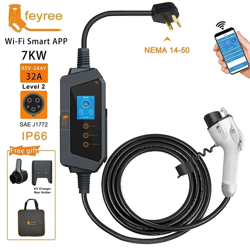feyree Type1 7KW 32A 1Phase Portable EV Charger J1772 Socket with 5m Cable Smart APP WIFI Control Version for Electric Vehicle