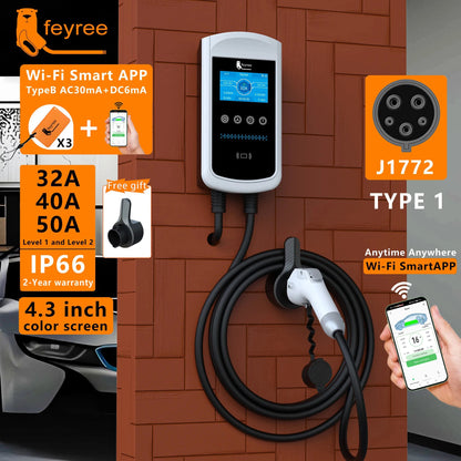 feyree EVSE Wallbox 32A 40A 50A 1Phase EV Charger Type1 Smart APP Control Wall-mounted Charging Station for Electric Vehicle Car
