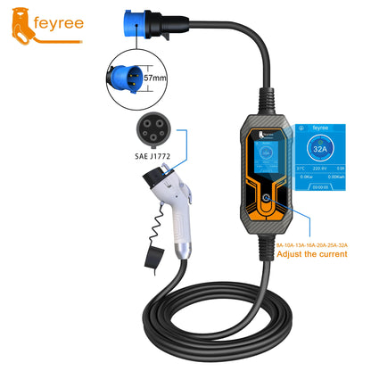 feyree Portable EV Charger Wallbox Type2 Cable 32A 7KW with CEE Plug EVSE Type1 Charging Box j1772 Adapter for Electric Vehicle