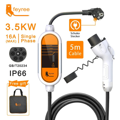 feyree Type2 3.5KW 16A 1Phase Portable EV Charger EVSE Charging Cable 5m Schuko Plug Current Adjustable for Electric Car Charger by 54Grid - Renewable Energy Store