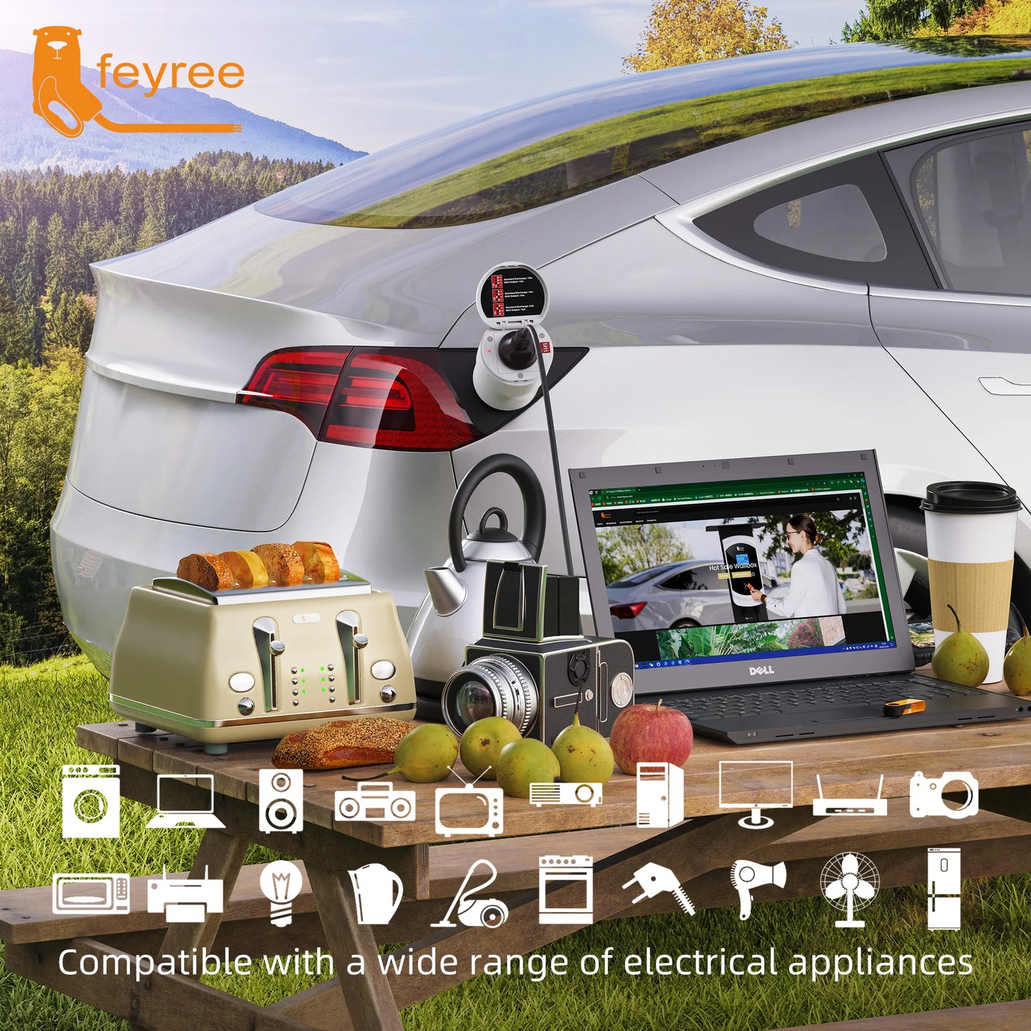 feyree GB/T EV Discharge Adapter with Temp Protection & Power Light - Adjustable Switch for Chinese EV Cars V2L for Camping Use