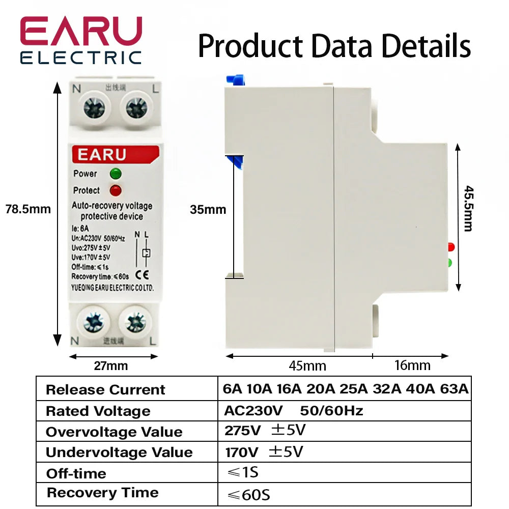 1P+N 27mm 40A 63A 230V Din Rail Automatic Recovery Reconnect Over Voltage and Under Voltage Protective Device Protection Relay by 54Grid - Renewable Energy Store
