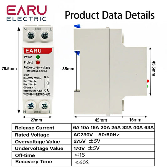 1P+N 27mm 40A 63A 230V Din Rail Automatic Recovery Reconnect Over Voltage and Under Voltage Protective Device Protection Relay by 54Grid - Renewable Energy Store