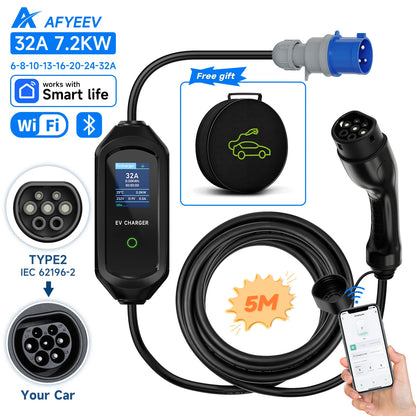 AFYEEV 32A 7.2KW Type2 Type1EV Charger Portable GB/T Electric Vehicle Charger EVSE Charging Cable WiFi Bluetooth APP Control