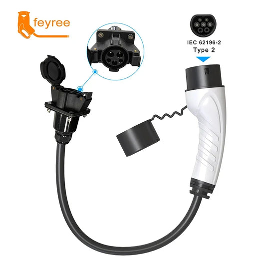 feyree Type1 j1772 female Socket to 16A 32A Type2 IEC62196-2 EVSE Car Side EV Charger Adapter 0.5m Cable for Electric Vehicle