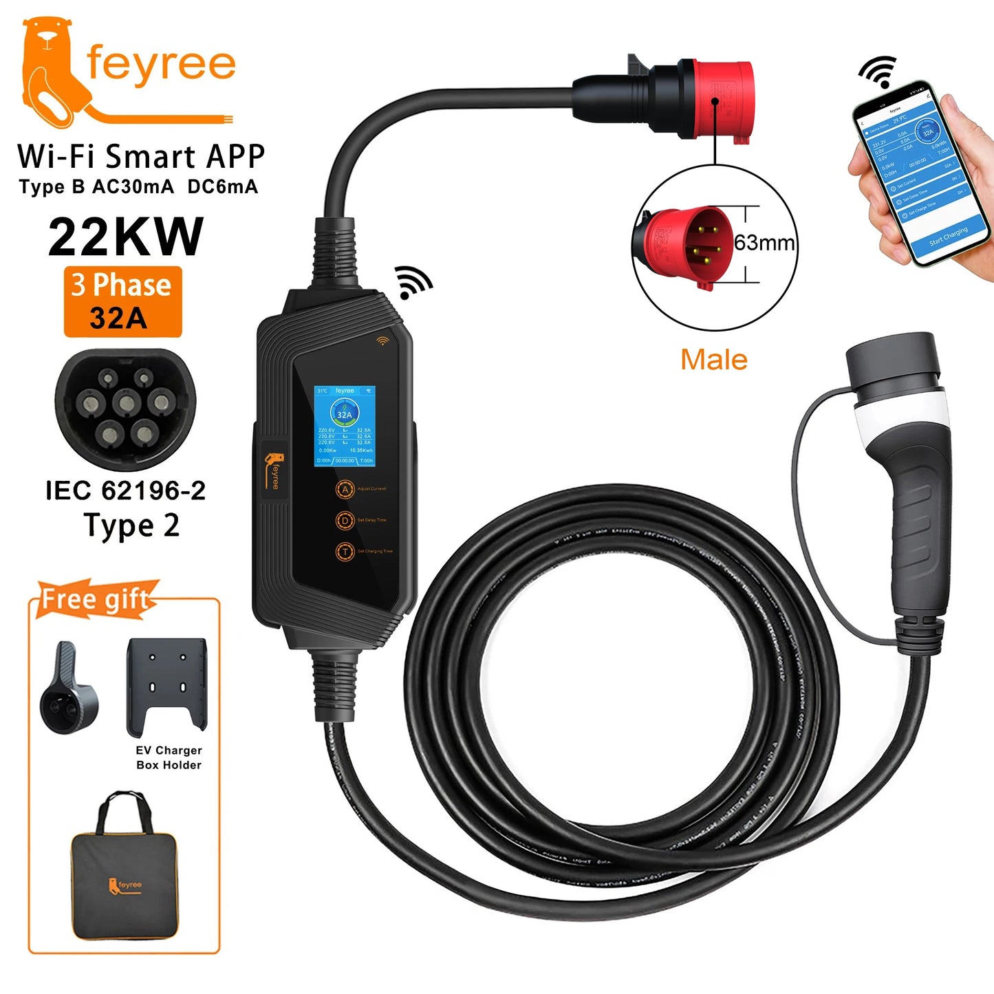 feyree Type2 22KW 32A 3Phase EV Charger Wi-Fi APP Control EVSE Portable Charging Box Charging Station for Electric Car Charger