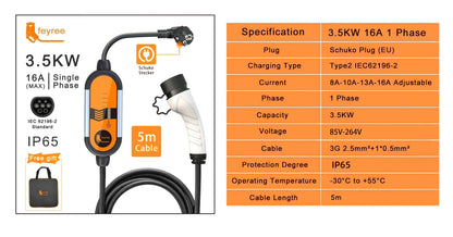 feyree Type2 16A 3.5KW Portable EV Charger EVSE Charging Cable 5m with Schuko Plug Current Adjustable for Electric Car Charger