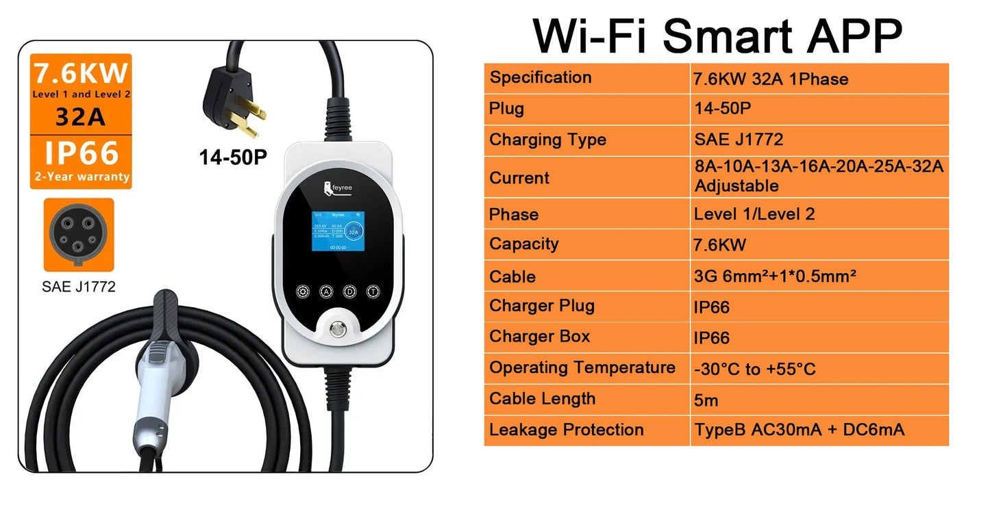 feyree EV Charger Type1 Plug 32A 40A 50A Fast Charging EVSE Wallbox for Electric Car Charging Station Adjust Current & Set Delay
