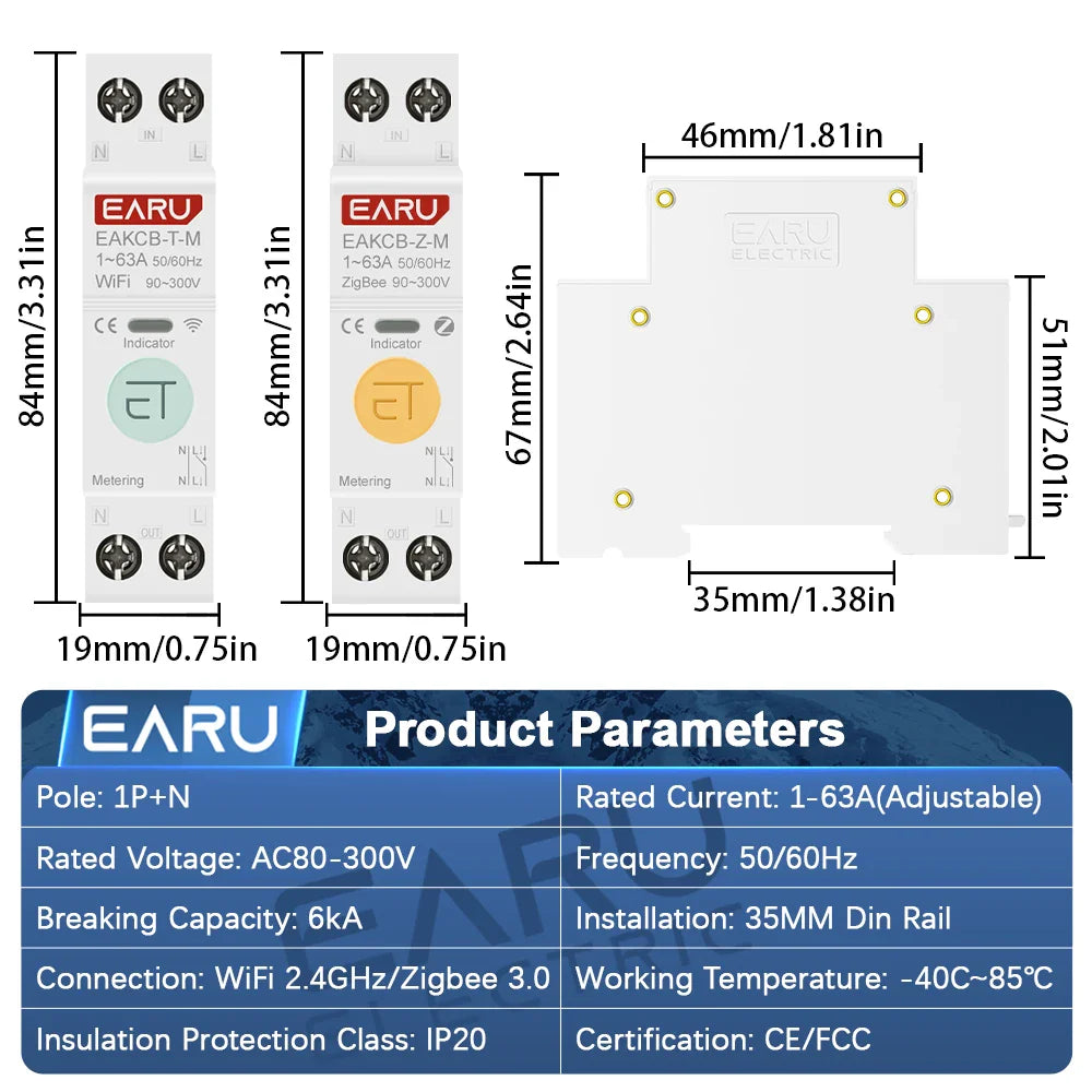 Tuya ZigBee WiFi Smart Circuit Breaker 1P+N 63A MCB Timer Relay Switch Energy Meter kWh Voltage Current Protector Remote Control