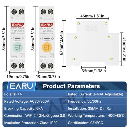 Tuya ZigBee WiFi Smart Circuit Breaker 1P+N 63A MCB Timer Relay Switch Energy Meter kWh Voltage Current Protector Remote Control