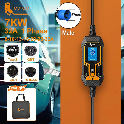 feyree 7kW 32A Portable EV Charger Adjustable Current Replaceable Charging Plug Multifunction for Global Electric EV Car Charger