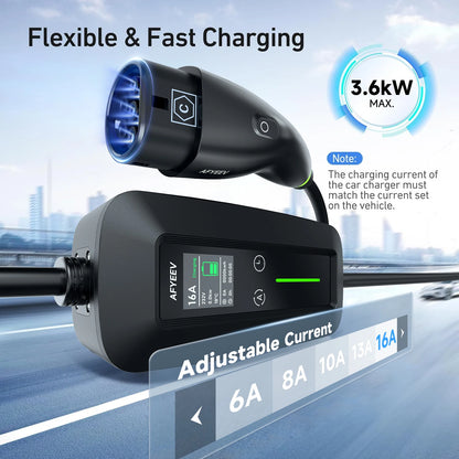AFYEEV 16A Portable Type2 IEC62196-2 EV Charger 3600W Type1 SAE J1772 Electric Car Charger GB/T EVSE Charging Cable Wallbox