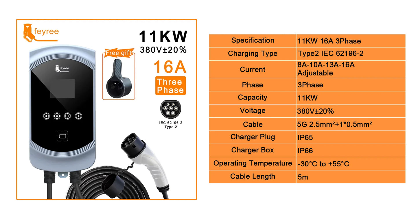 feyree Type2 EV Charger 32A 7.6KW 1Phase EVSE Wallbox 11KW 22KW 3 Phase Fast Charging Station 5m Cable for Electric Vehicle Car