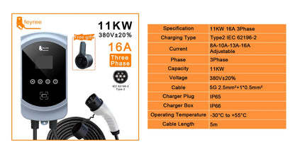 feyree Type2 EV Charger 32A 7.6KW 1Phase EVSE Wallbox 11KW 22KW 3 Phase Fast Charging Station 5m Cable for Electric Vehicle Car