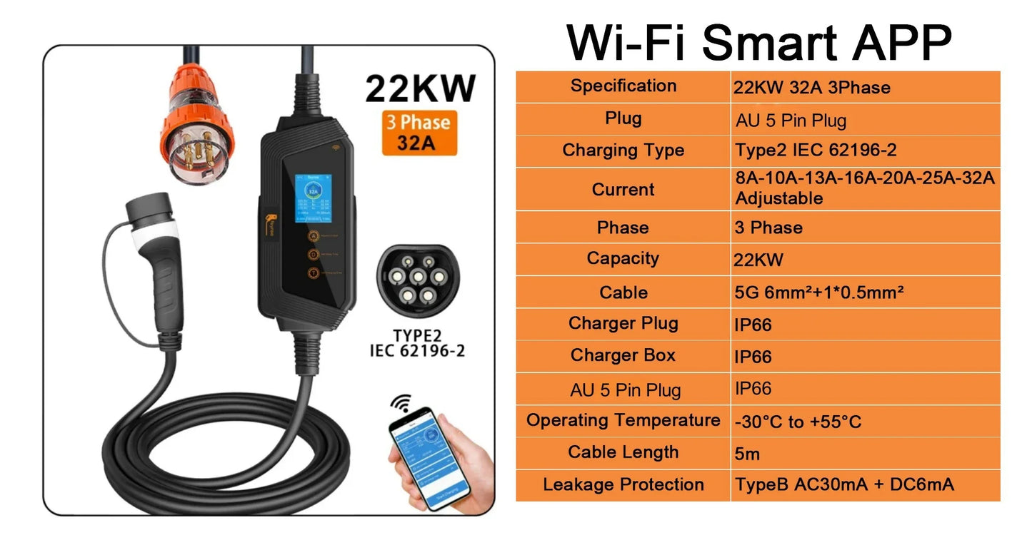 feyree 22KW 32A 3Phase Type2 EV Charger Wi-Fi APP Control EVSE Portable Charging Box with AU 5pin Plug for Electric Car Charger