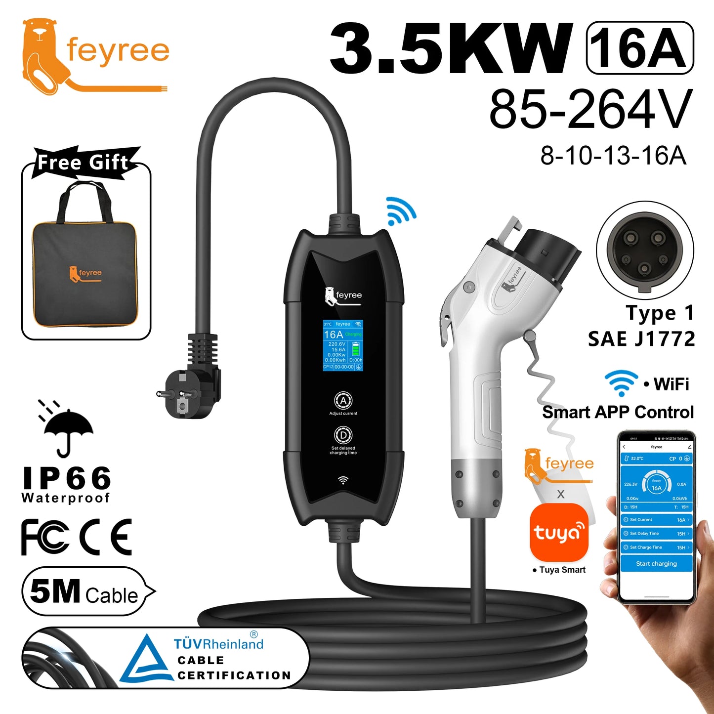 feyree Type1 Portable EV Charger 5m Cable with WIFI APP Control 16A 3.5KW Set Charging&DelayTime for EV Cars,Plug customizable
