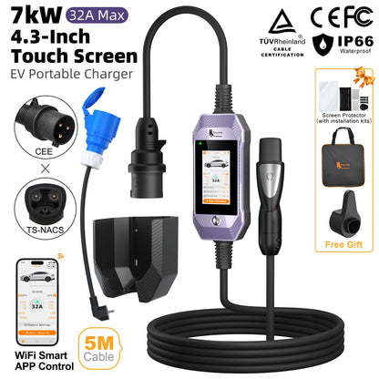 feyree Type2 /Type1 /GBT /TS-NACS 4.3inch Touch Screen EV Charger 32A 7kW 1P Portable Charger Smart APP WiFi Control for EV Cars