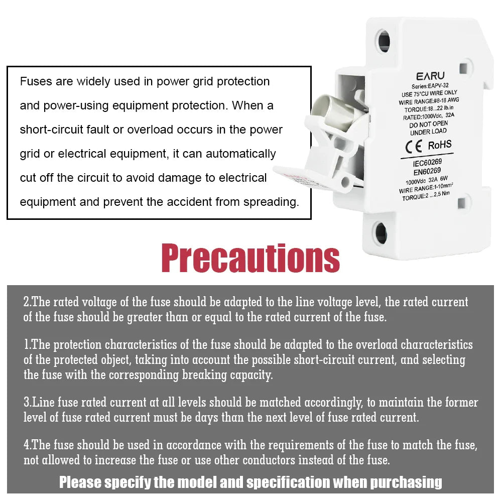 Din Rail Solar Fuses DC 1000V 1500V PV Photovoltaic 20A 25A 30A Fuse Holder Base for Solar System Short Circuit Protection gPV