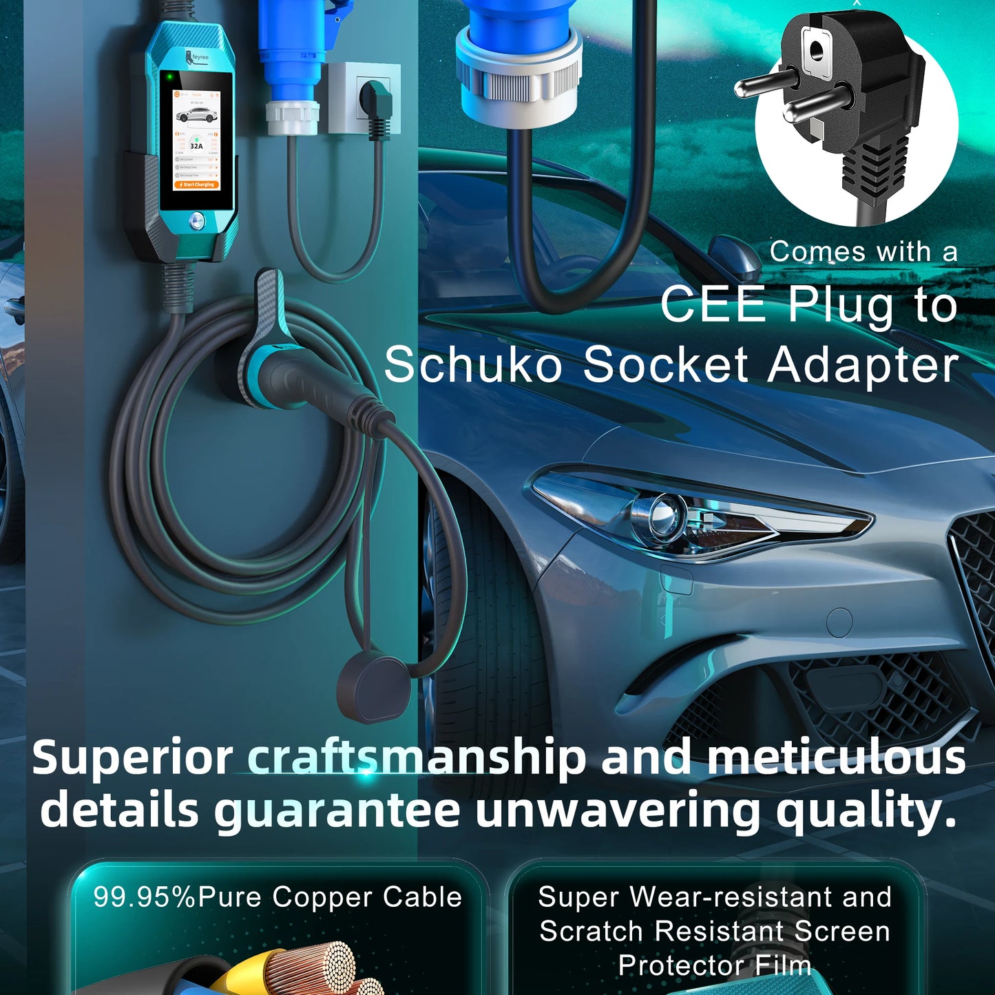 feyree EV Charger 4.3inch Touch Screen Type2 /Type1 /GBT /TS-NACS 32A 7kW 1P Portable Charger Smart APP WiFi Control for EV Cars