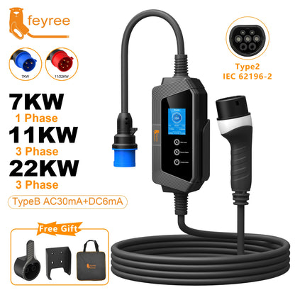 feyree Portable EV Charger Type2 22KW 11KW 3P Fast Charging 7KW 32A 1P for Electric Car Adjusting Current Setting Charging Time
