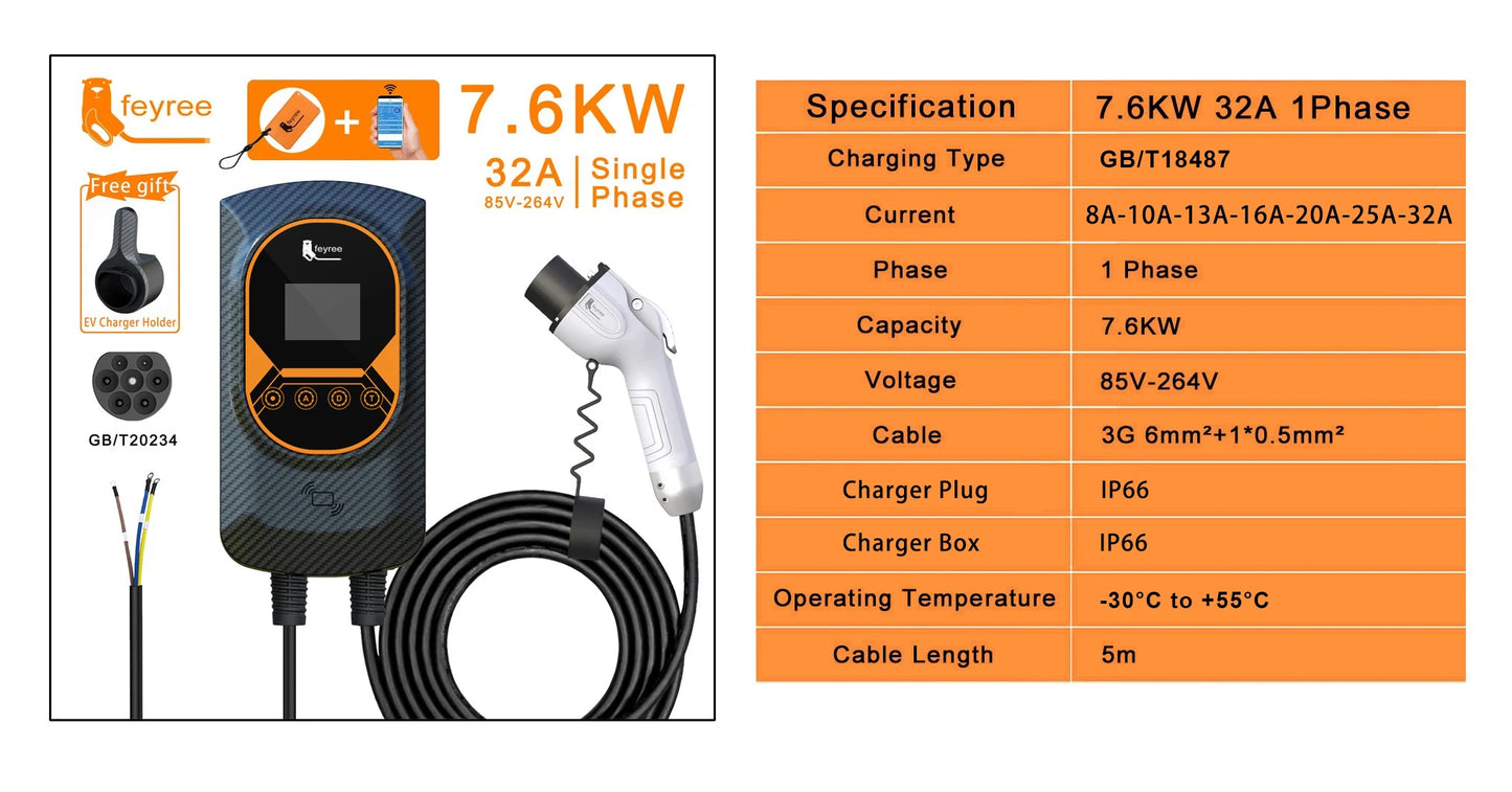 feyree EV Charger GB/T Socket EVSE Wallbox 32A 22KW 3Phase 16A 11KW Electric Vehicle APP Control Charging Station 7.6KW 5m Cable