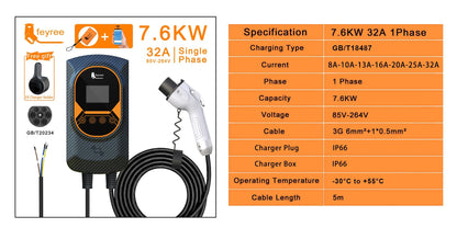 feyree EV Charger GB/T Socket EVSE Wallbox 32A 22KW 3Phase 16A 11KW Electric Vehicle APP Control Charging Station 7.6KW 5m Cable