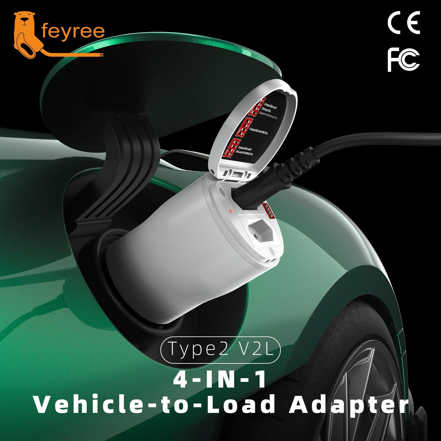 feyree Type2 V2L Discharger Adapter for MG/Kia/Hyundai/Chinese EVs,Vehicle to Load Power Converter and Safety Switch for Camping