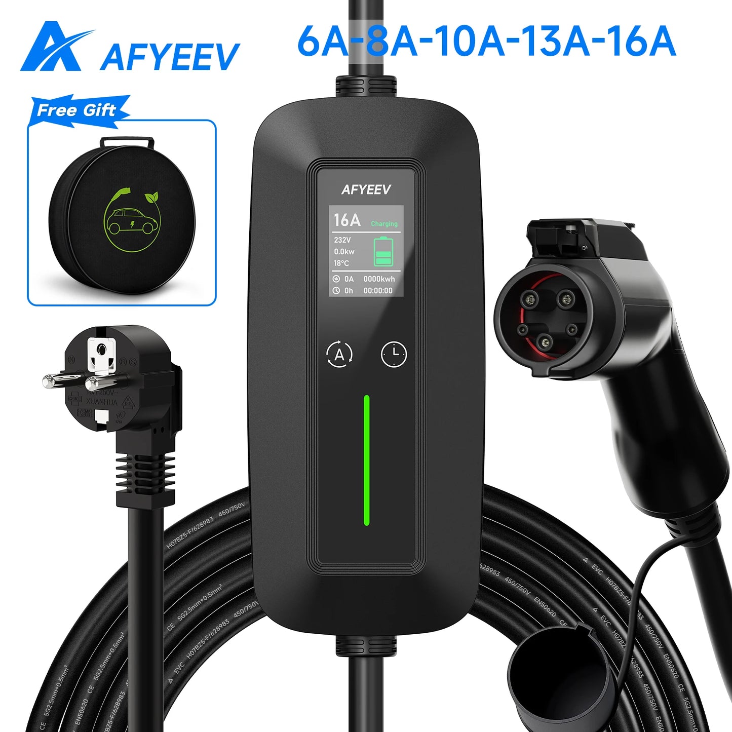 AFYEEV 16A Portable Type2 IEC62196-2 EV Charger 3600W Type1 SAE J1772 Electric Car Charger GB/T EVSE Charging Cable Wallbox
