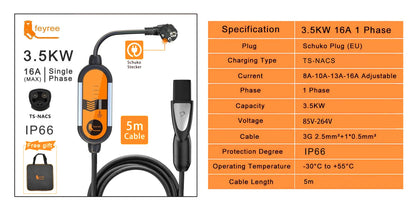 feyree Type2 16A 3.5KW Portable EV Charger EVSE Charging Cable 5m with Schuko Plug Current Adjustable for Electric Car Charger