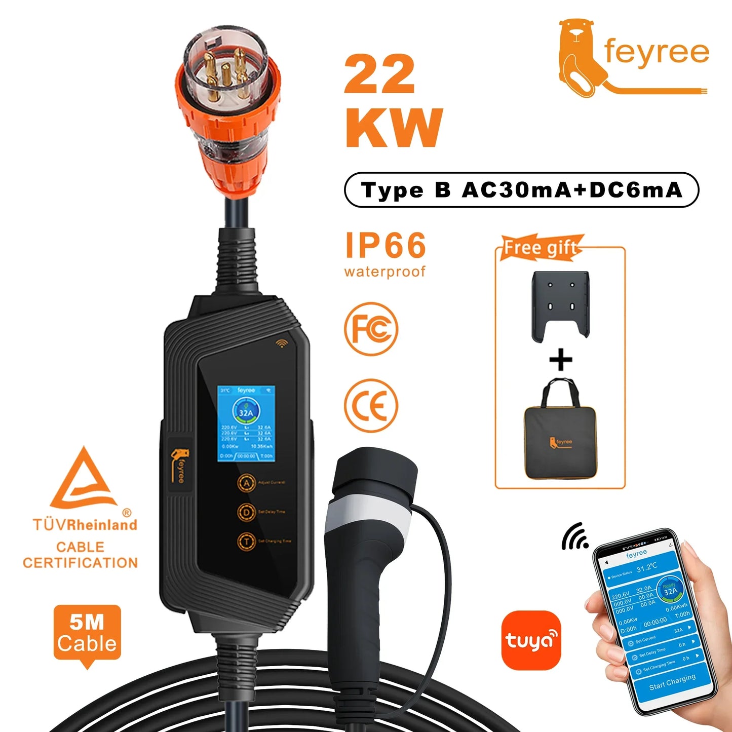 feyree 22KW 32A 3Phase Type2 EV Charger Wi-Fi APP Control EVSE Portable Charging Box with AU 5pin Plug for Electric Car Charger