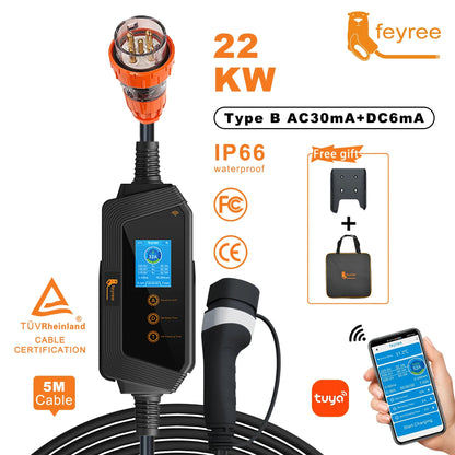 feyree 22KW 32A 3Phase Type2 EV Charger Wi-Fi APP Control EVSE Portable Charging Box with AU 5pin Plug for Electric Car Charger