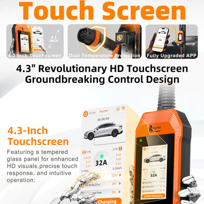 feyree 4.3 inch Touch Screen Type2 7kW 32A Adjustable Portable EV Charger with Adapter Smart APP Wi-Fi Control for Electric Cars