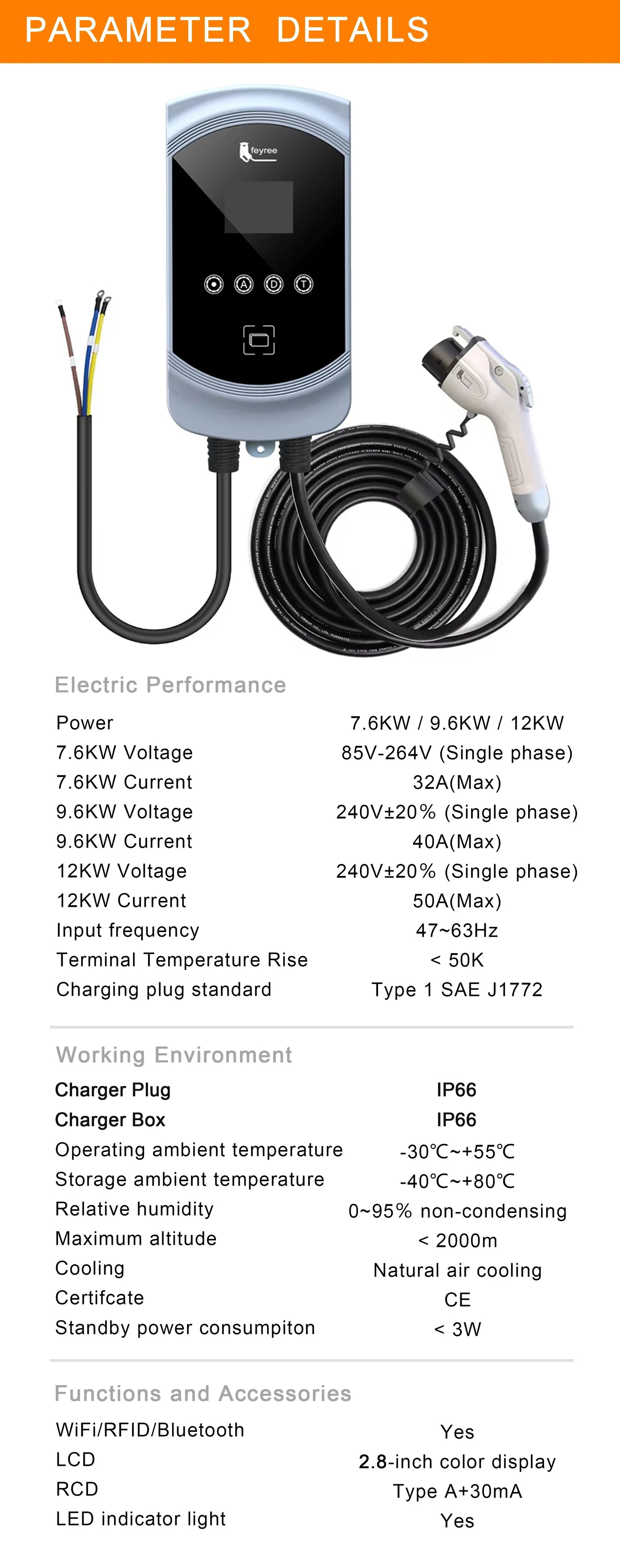 feyree EV Charger Type1 Cable j1772 Socket 32A 40A 50A Single Phase EVSE Wallbox Charging Station APP Control for Electric Car
