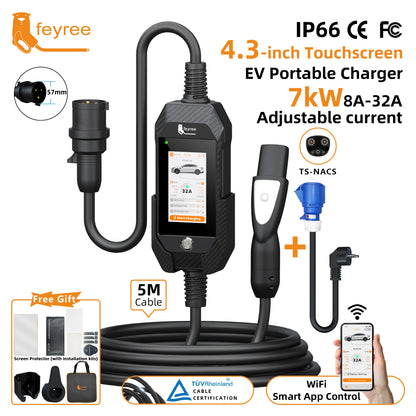 feyree 4.3Inch Touch Screen EV Charger 7kW 32A 1Phase TS-NACS Socket Smart WIFI APP Control EVSE Portable Box for Tesla EV Cars