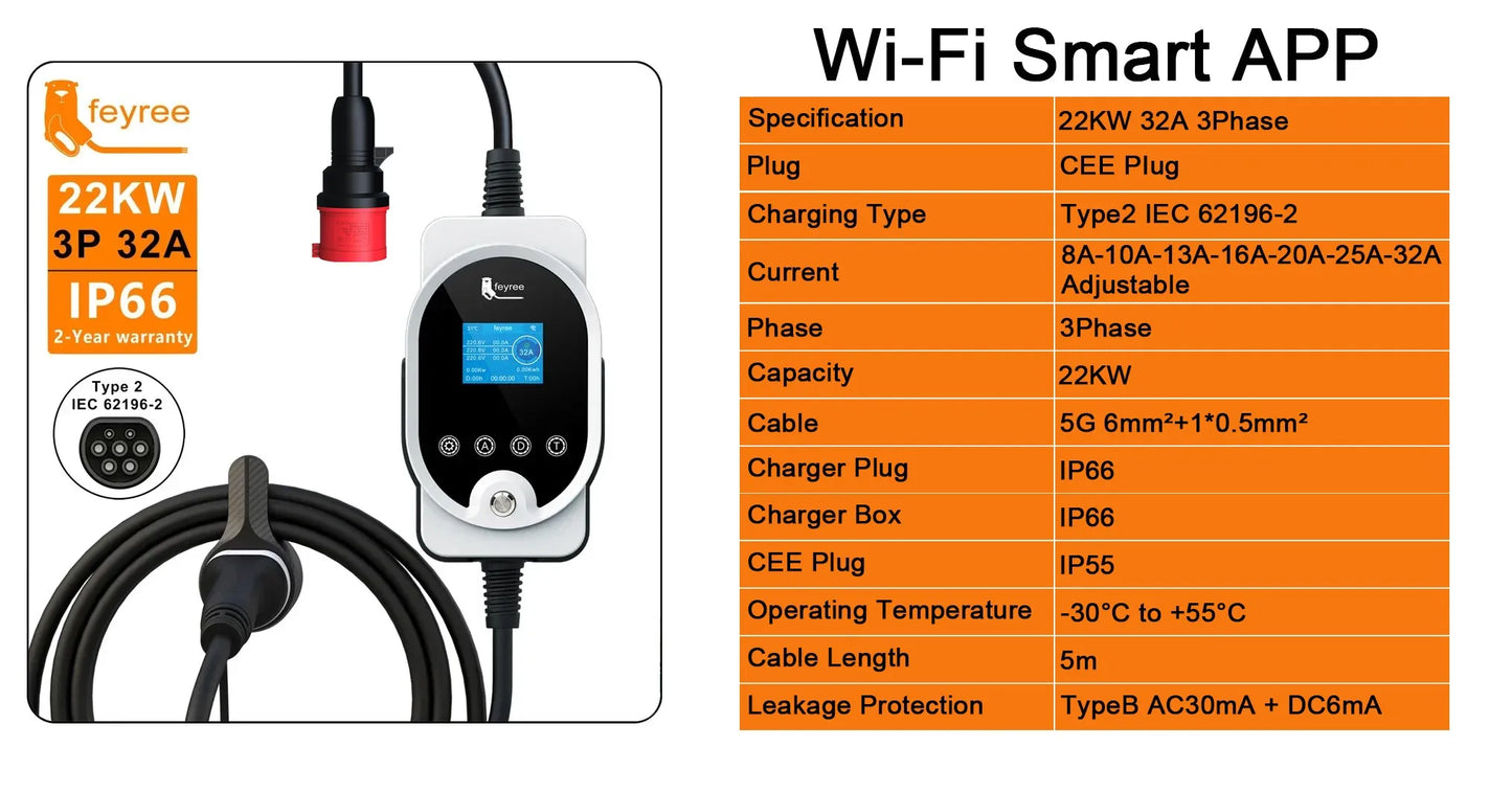 feyree 22KW Type2 Cable EVSE Wallbox & Portable EV Charger 32A 3Phase Wi-Fi APP Smart Fast Charging Station for Electric Vehicle