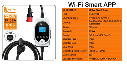 feyree 22KW Type2 Cable EVSE Wallbox & Portable EV Charger 32A 3Phase Wi-Fi APP Smart Fast Charging Station for Electric Vehicle