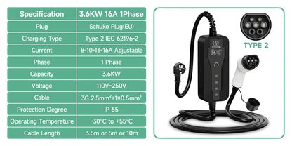 11KW 16A Portable Charger Type 2 Adjustable Current Reservation Time Charging Box CEE Plug IEC62196-2 Electric Vehicle Charger